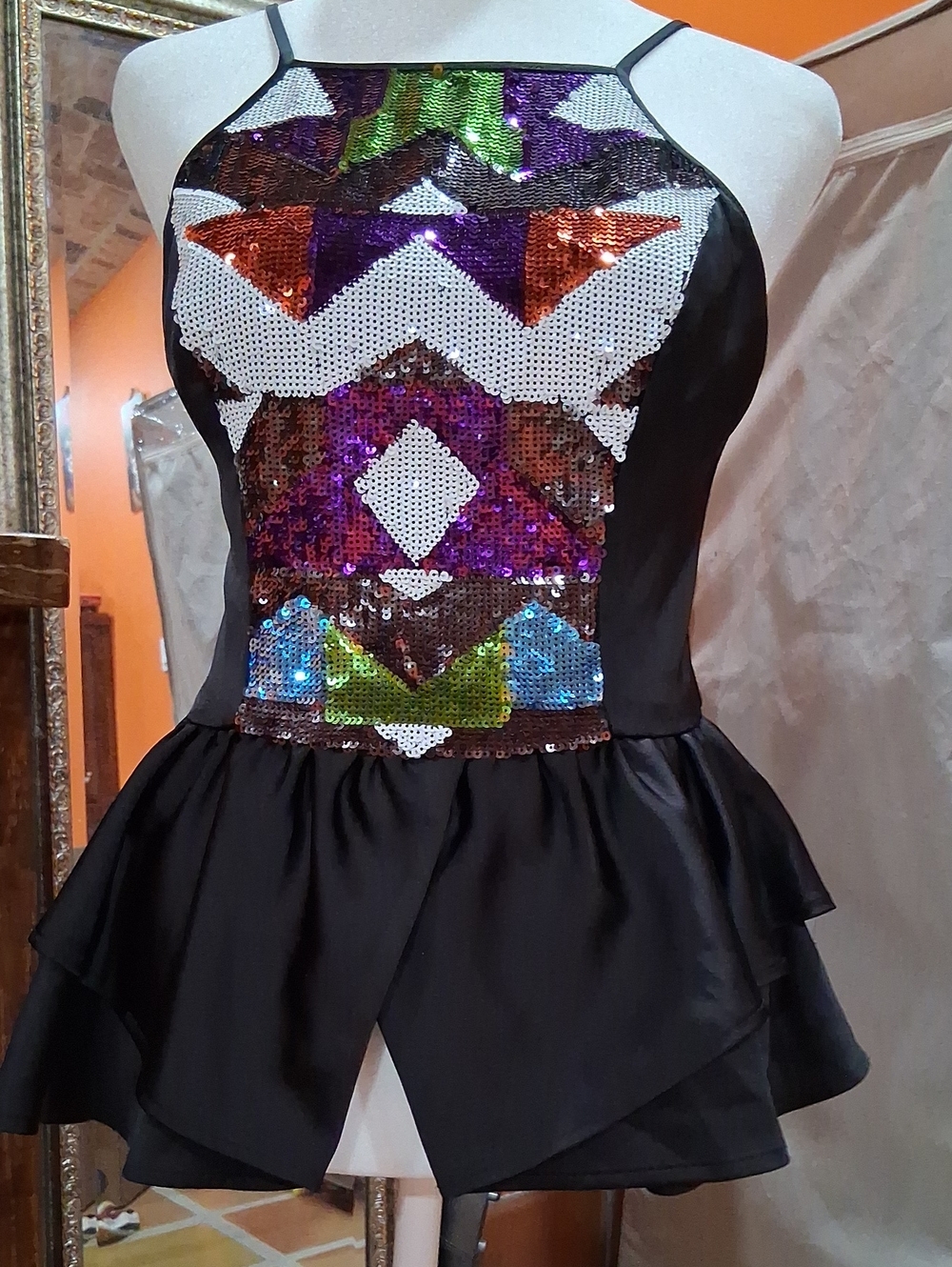 Women’s Black Halter Peplum Top with Multicolor Sequin Front